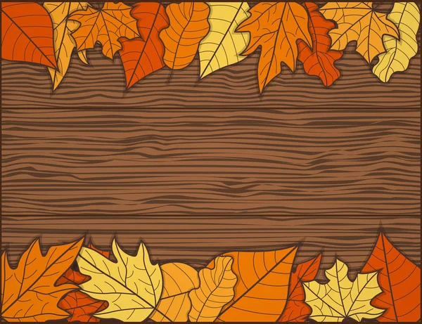 Флаг концепции листьев на деревянном фоне. Символ осени и осени, икона и значок. Мультфильм-векторная иллюстрация — стоковый вектор