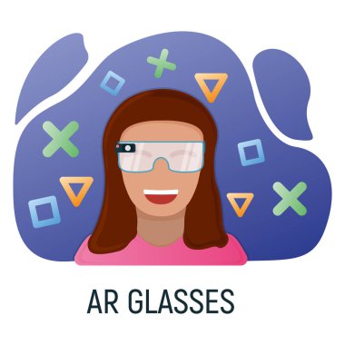 Sanal gerçeklik gözlüklü kadın karakter, modern teknoloji artırılmış gerçeklik beyaz, düz vektör illüstrasyonunda izole edilmiş. Gelecekteki donanım malzemeleri, kadın insanlar uzaktan iletişim aygıtı.