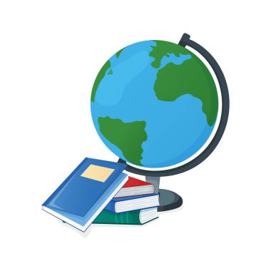 Küre ve ders kitabı, okul kitabı ikonu beyaz üzerine izole edilmiş, karikatür vektör çizimi. Okula tekrar hoş geldiniz. Üniversite ve enstitüde okumak için sırt çantasından malzemeler..