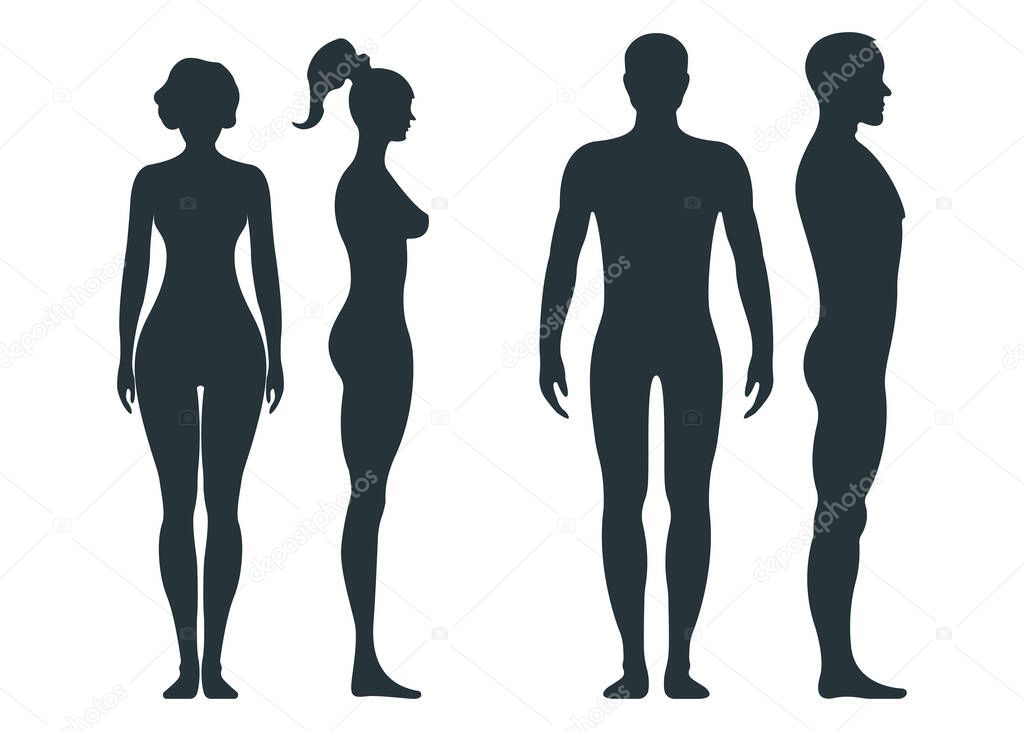 Male and female human character, people man woman front and view side body silhouette, isolated on white, flat vector illustration. Black mannequin people scale concept.