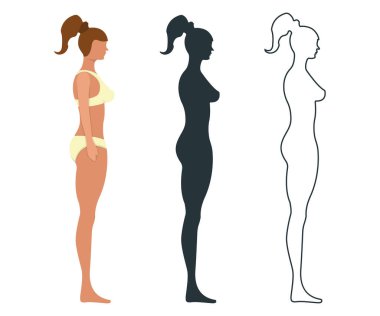 Kadın anatomisi insan karakteri, insanlar ön ve yan vücut siluetini taklit ediyor, beyaz, düz vektör çizimine izole edilmiş. Siyah, ana hatlı ve çizgi film mankeni insanların ölçek kavramı.