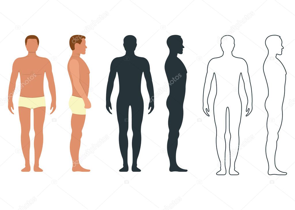 Male and female anatomy human character, people dummy front and view side body silhouette, isolated on white, flat vector illustration. Black, outline and cartoon mannequin people scale concept.