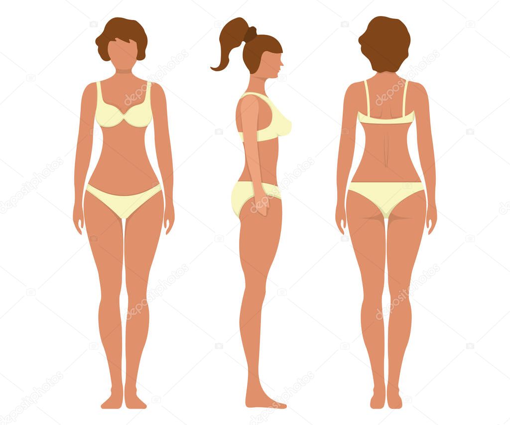 Female anatomy human character, woman people dummy front and view side body silhouette, isolated on white, flat vector illustration. Black and cartoon man mannequin people scale concept.