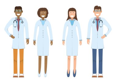 Karakter doktoru beyaz, düz vektör illüstrasyonunda tek başına duruyor. İnsan erkek ve kadın önemli doktor profesyonel aktivite, gülümseyen insan mesleği, sosyal meslek.