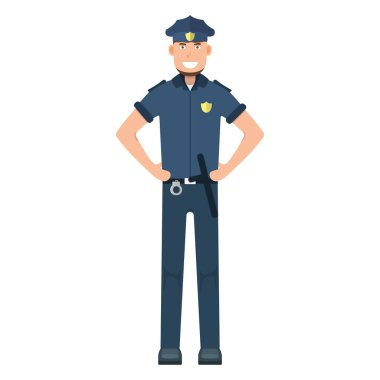 Karakter polisi beyaz, düz vektör illüstrasyonunda tek başına duruyor. İnsan erkek önemli profesyonel faaliyet, gülümseyen insanlar mesleği, sosyal meslek.