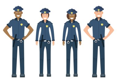 Çift karakterli polis memuru, beyaz, düz vektör illüstrasyonunda tek başına duruyor. İnsan kadın ve erkek önemli profesyonel faaliyet, gülümseyen insan mesleği, sosyal meslek.