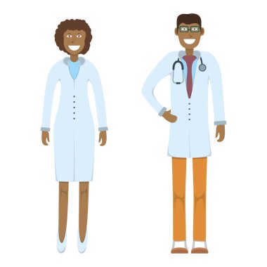 Karakter doktoru beyaz, düz vektör illüstrasyonunda tek başına duruyor. İnsan erkek ve kadın önemli doktor profesyonel aktivite, gülümseyen insan mesleği, sosyal meslek.