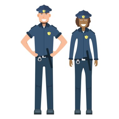 Çift karakterli polis memuru, beyaz, düz vektör illüstrasyonunda tek başına duruyor. İnsan kadın ve erkek önemli profesyonel faaliyet, gülümseyen insan mesleği, sosyal meslek.