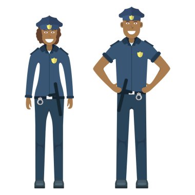 Çift karakterli polis memuru, beyaz, düz vektör illüstrasyonunda tek başına duruyor. İnsan kadın ve erkek önemli profesyonel faaliyet, gülümseyen insan mesleği, sosyal meslek.