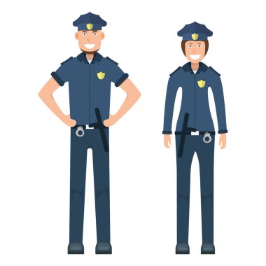 Çift karakterli polis memuru, beyaz, düz vektör illüstrasyonunda tek başına duruyor. İnsan kadın ve erkek önemli profesyonel faaliyet, gülümseyen insan mesleği, sosyal meslek.
