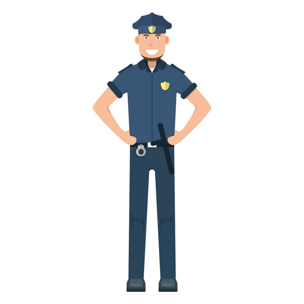 Character policeman standing isolated on white, flat vector illustration. Human male important professional activity, smiling people profession, social occupation.