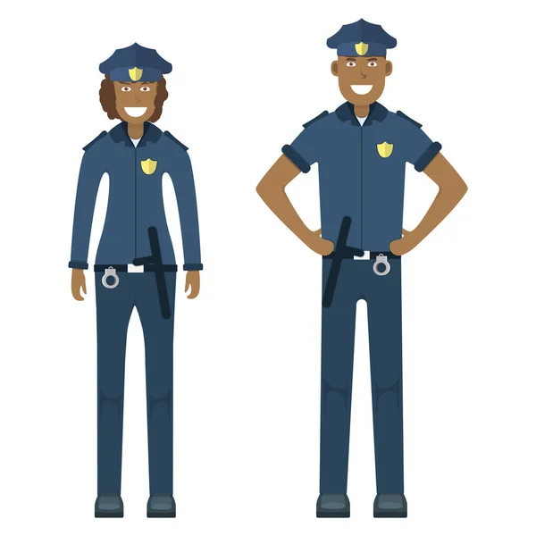 Par Policía Carácter Pie Aislado Blanco Ilustración Vectorial Plana Hembra — Vector de stock