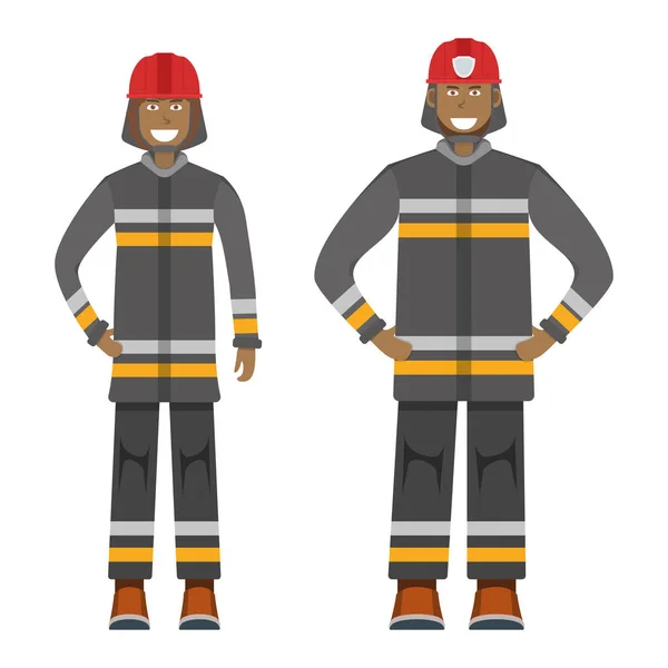 角色消防员站在白色扁平的矢量图上 男子和妇女重要的消防员职业活动 微笑的人的职业 社会职业 — 图库矢量图片
