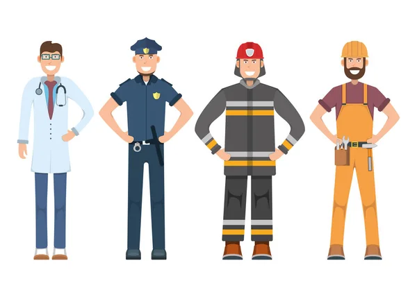Character doctor, policeman, worker, firefighter standing isolated on white, flat vector illustration. Human male important professional activity, smiling people profession, social occupation.
