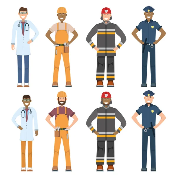 Character Doctor Policeman Worker Firefighter Standing Isolated White Flat Vector — Stock Vector