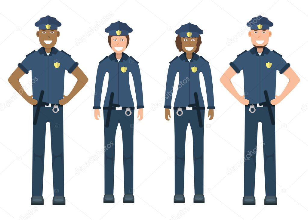 Pair character policeman standing isolated on white, flat vector illustration. Human female and male important professional activity, smiling people profession, social occupation.