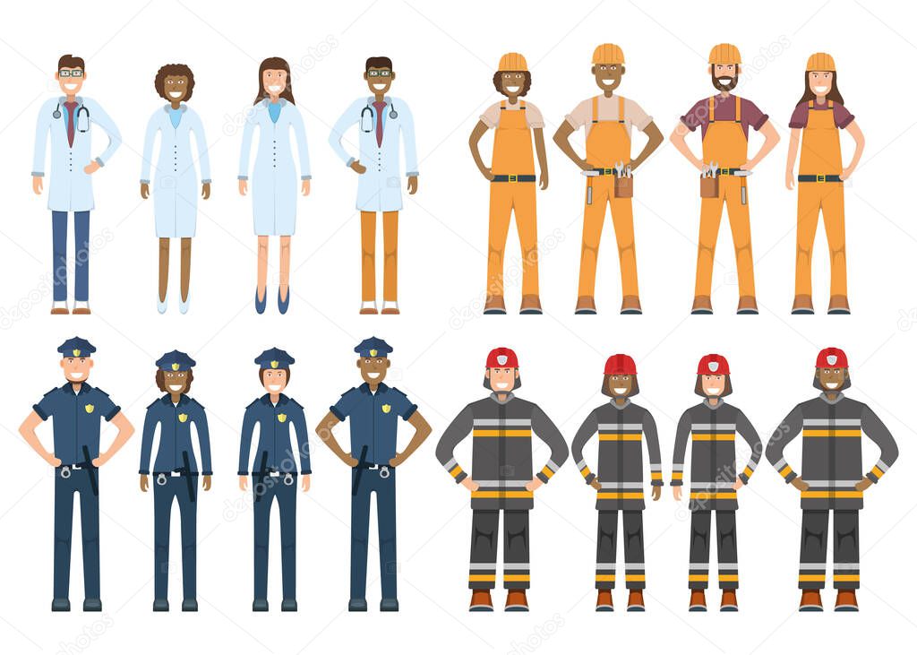 Character doctor, policeman, worker, firefighter standing isolated on white, flat vector illustration. Human male, female important professional activity, smiling people profession, social occupation.