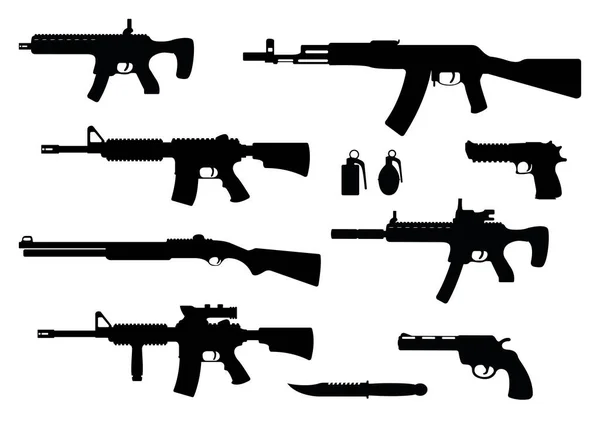 Silah, tabanca, tabanca ve çöl kartalı tabancası tüfek tüfek, el bombası, bıçak ve hafif makineli tüfek basit ikon vektör çizimi, beyazdan izole edilmiş. Kendini savunma silahları..