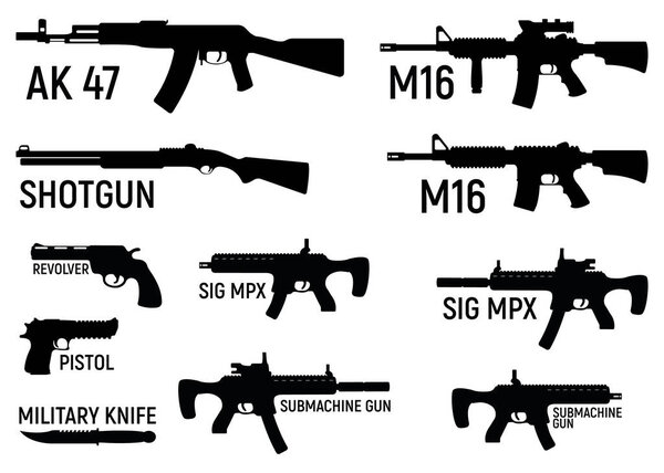 Set of silhouette weapon military rifle, revolver and pistol, shotgun carbine, knife and submachine gun black simple icon vector illustration, isolated of white. Self defense firearms with font text name.
