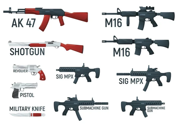 Set Weapon Military Rifle Revolver Pistol Shotgun Carbine Knife Submachine — Stock Vector