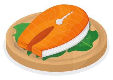 Parça balıklı ton balığı somonu, ahşap mutfak tahtasında taze biftek filetosu beyaz karikatür vektör çizimi. Sağlıklı, şişman deniz ürünleri ikonu yiyeceği. Izgara ve yemek konsepti logosu için kambur balina parçası.