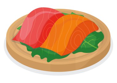 Parça balıklı ton balığı somonu, ahşap mutfak tahtasında taze biftek filetosu beyaz karikatür vektör çizimi. Sağlıklı, şişman deniz ürünleri ikonu yiyeceği. Izgara ve yemek konsepti logosu için kambur balina parçası.