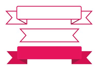 Kırmızı kurdele, konsept çizgisi ve düz vektör çizimi, beyaz üzerine izole edilmiş. Harfli metin yeri ile dekoratif kurdele.