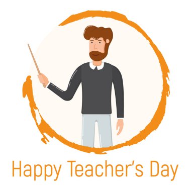 Mutlu öğretmenler günü tatili kavramını, erkek el çizimi çemberini, okul ve üniversite profesörü vektör ilüstrasyonunu, beyaza izole edilmiş. Gülümseyen sakallı adam, bilgi kazan..