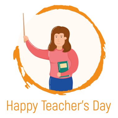 Mutlu öğretmenler günü tatili kavramını, el çizimi çemberinde duran bayanı, okul ve üniversite profesörü vektör çizimini, beyaza izole edilmiş. Ders kitabı ile gülümseyen kadın, bilgi kazan.