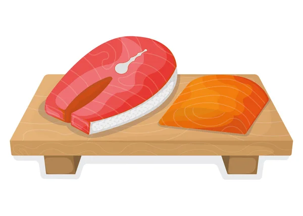 魚のマグロのサーモン 白に隔離された木製のキッチンボード上の新鮮なステーキテンダーロイン 漫画のベクトルイラスト 健康的な脂肪の魚介類のアイコン食品 グリル 食事のコンセプトロゴのためのザブザブ — ストックベクタ