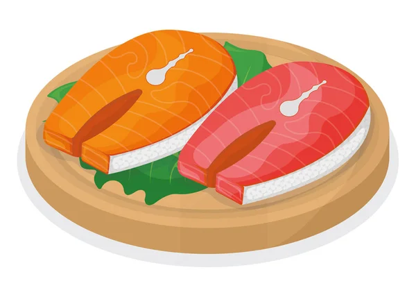 魚のマグロのサーモン 白に隔離された木製のキッチンボード上の新鮮なステーキテンダーロイン 漫画のベクトルイラスト 健康的な脂肪の魚介類のアイコン食品 グリル 食事のコンセプトロゴのためのザブザブ — ストックベクタ