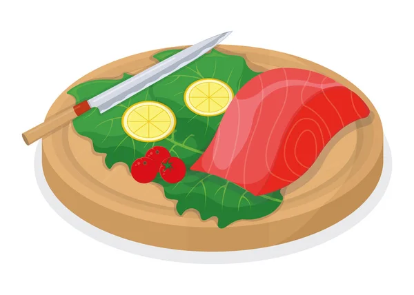 漫画のベクトルイラストに隔離された木製のキッチンボードのコンセプトでマグロの魚やサーモンのミンナウを切り取ります デザインの準備魚介類 料理のための特別なもの 鋭いナイフスライス肉 — ストックベクタ