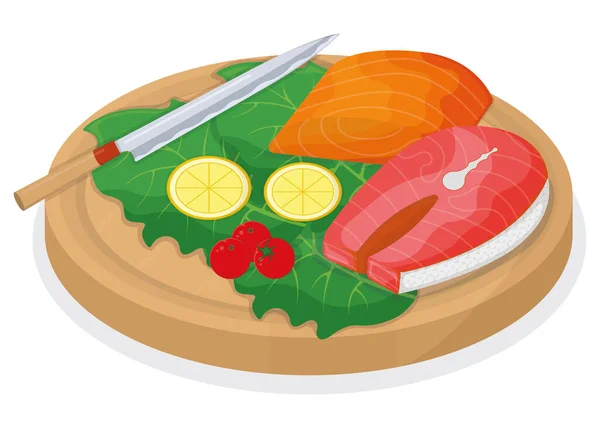 Potong Ikan Tuna Dan Ikan Salmon Pada Papan Dapur Kayu - Stok Vektor