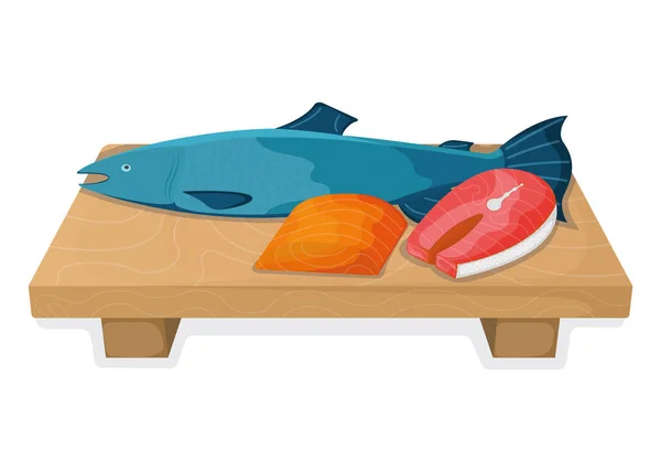 大西洋サケ魚料理の概念は 新鮮なザリガニ食品の漫画のスタイルは 平らなベクトルのイラストに隔離された 鋭いナイフでキッチンボード 調理アイテムアイコン 健康的な食事 — ストックベクタ