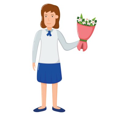Kız öğrenci çocuk karakteri elinde buket çiçeği, dekoratif demet düz ikon vektör çizimi konsept çiçek, beyaza izole edilmiş. Sevimli öğrenci gülümseyen kişi ayakta ve çiçekleri taşıyor..