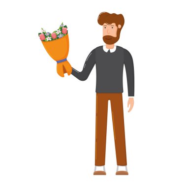 Erkek karakter elinde buket çiçeği, dekoratif demet desenli çiçek düz ikon vektör çizimi, beyaz izole adam. Ayakta duran ve çiçekleri taşıyan sevimli bir gülümseme..