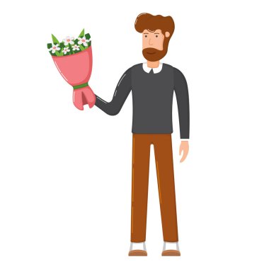 Erkek karakter elinde buket çiçeği, dekoratif demet desenli çiçek düz ikon vektör çizimi, beyaz izole adam. Ayakta duran ve çiçekleri taşıyan sevimli bir gülümseme..