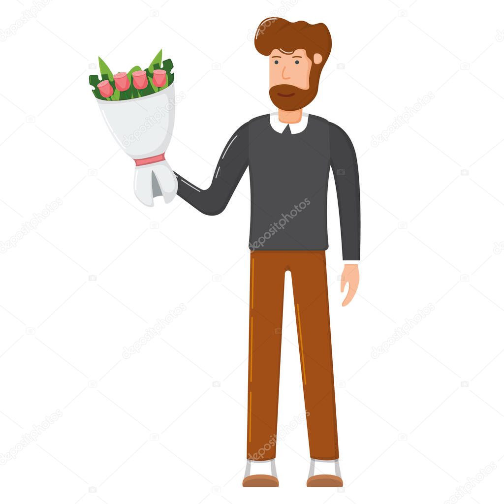 Male character hand hold bouquet flower, concept gift floret in decorative bundle flat icon vector illustration, man isolated on white. Lovely smile person standing and carry blossom.