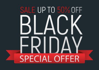 Kara Cuma olay afişi ve broşürü, büyük satış izni yazı tipi vektör illüstrasyonu. Tasarım reklamı% 50 kapalı promosyon etiketi, sezon alışveriş günü.