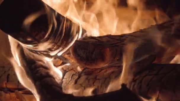 Feuer aus Brennholz im Kamin in Nahaufnahme — Stockvideo
