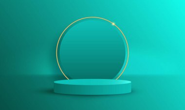 Gerçekçi silindir kaide podyumu ve altın neon halka arka planına sahip üç boyutlu soyut mavi oda