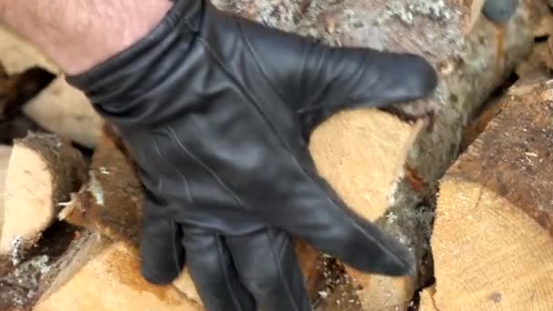 Eine Hand greift nach dem gehäckselten Brennholz auf dem Haufen — Stockvideo