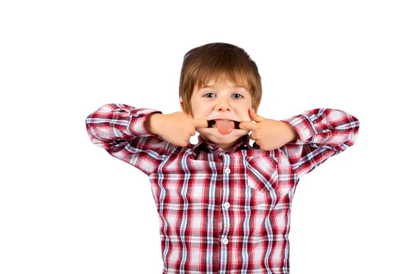 Young Boy Shaggy Hair Makes Funny Face His Tongue Sticking — Stock Photo, Image