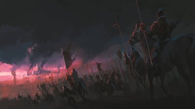 The pressure of the army, ancient war scenes, digital painting. clipart