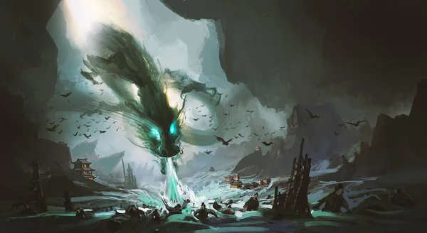 Antik Çin temalarının, dijital tabloların fantastik bir çizimi.