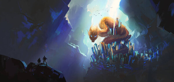 Восточный дракон, сидящий на камне, фантастическая иллюстрация
.