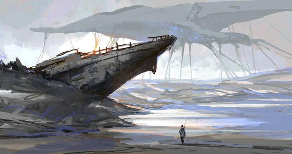 Ship Stranded Dry Sea Earth Scene Aliens Invaded Digital Illustration — Stock Photo, Image