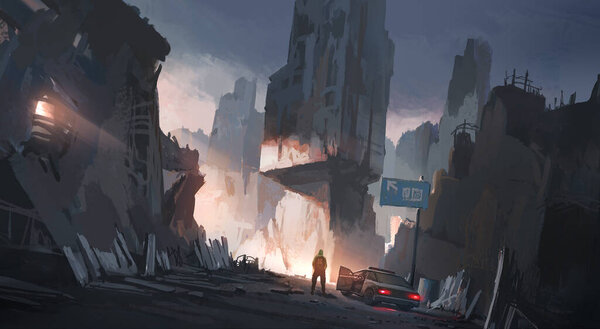 Human city after the war, digital illustration