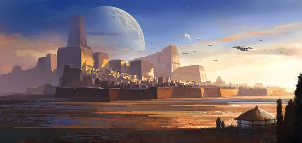 Issız uzaylı, çöl şatosu, bilim kurgu illüstrasyonu, dijital illüstrasyon, 3D canlandırma.