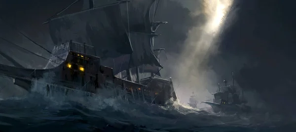 Cyfrowe Malowanie Starożytnych Okrętów Wojennych Podróżujących Wzburzonych Morzach — Zdjęcie stockowe
